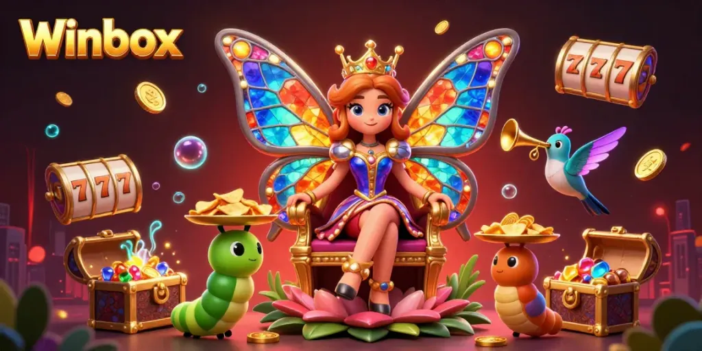 Winbox gaming scene with a magical butterfly queen and vibrant casino elements for an entertaining experience.