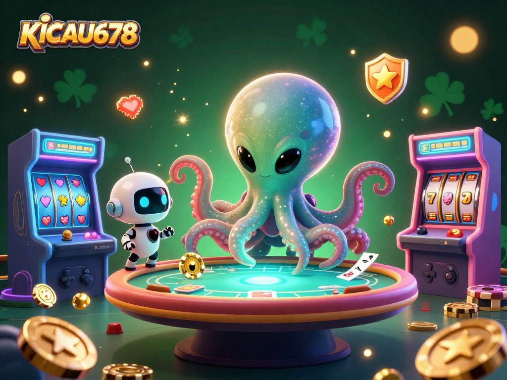 KICAU678 features a lively scene of a cosmic octopus playing poker with a robot, showcasing vibrant slot elements.