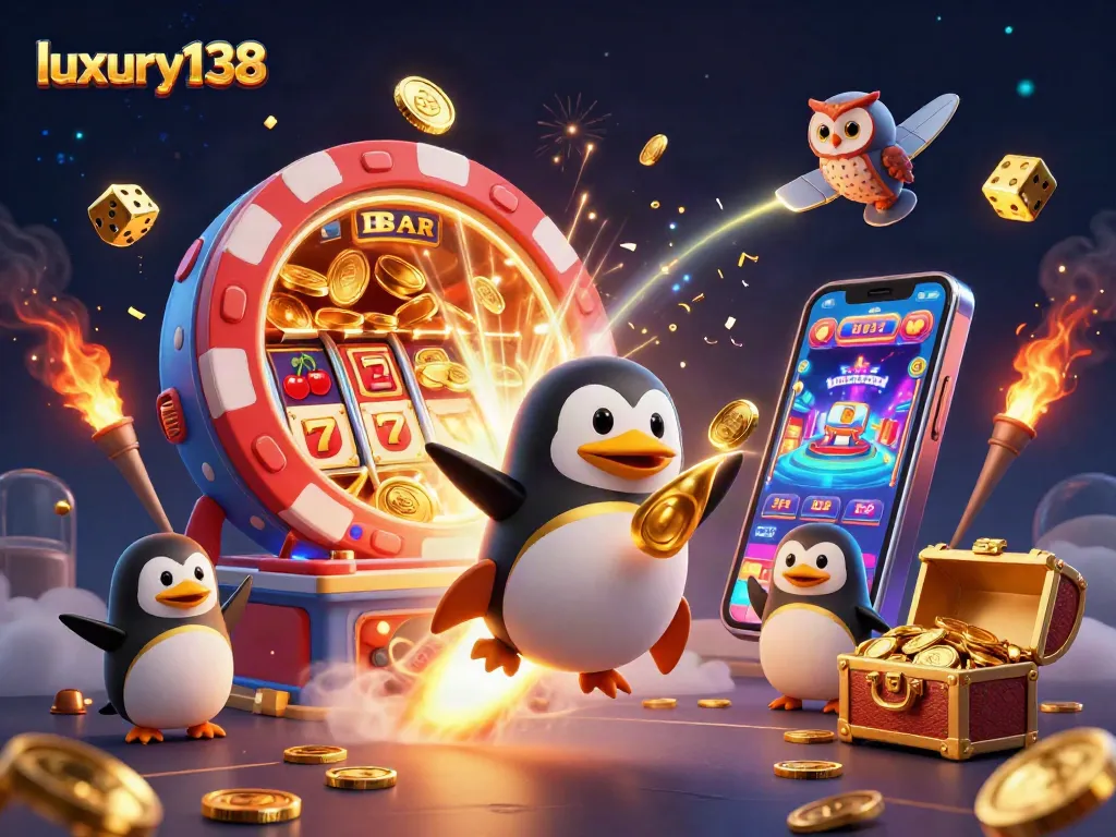 Luxury138 memberikan pengalaman menarik dalam permainan slot dengan karakter penguin emas dan mesin slot berlimpah.