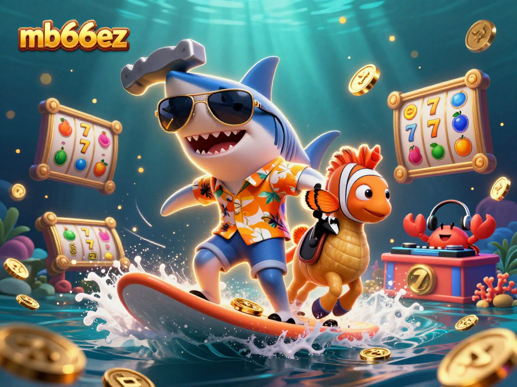 mb66ez slots come alive with a hammer-head shark, clownfish, and crab DJ amid colorful game elements.