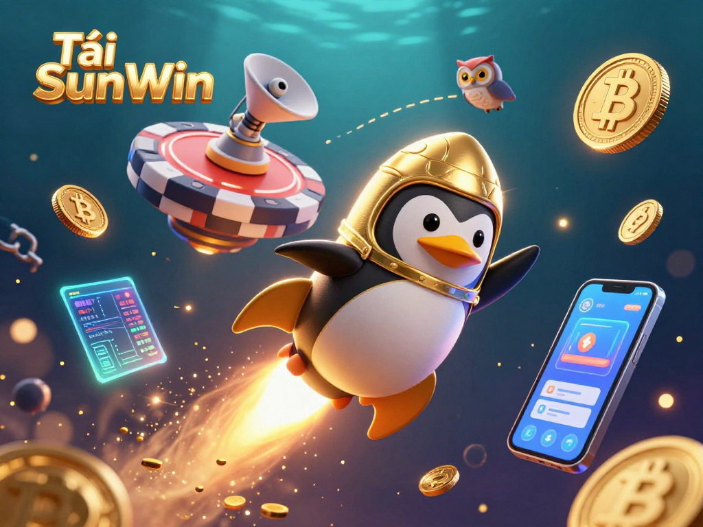 Tải SunWin offers thrilling casino adventures with a golden penguin and cosmic poker chip.