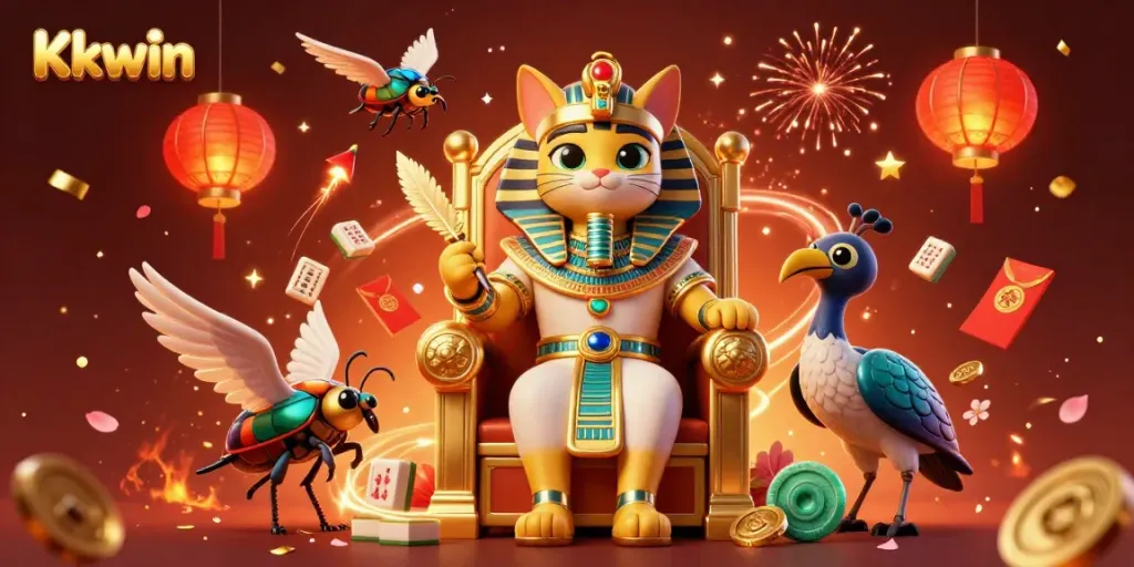 Kkwin Pharaoh cat on throne, surrounded by festive casino elements and lucky symbols.