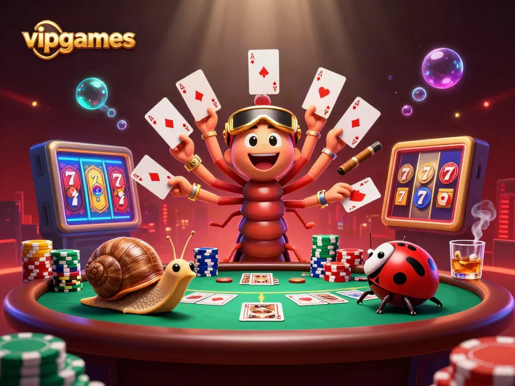 Engage in thrilling games at vipgames with a lively illustration of animated characters dealing cards and rolling chips.