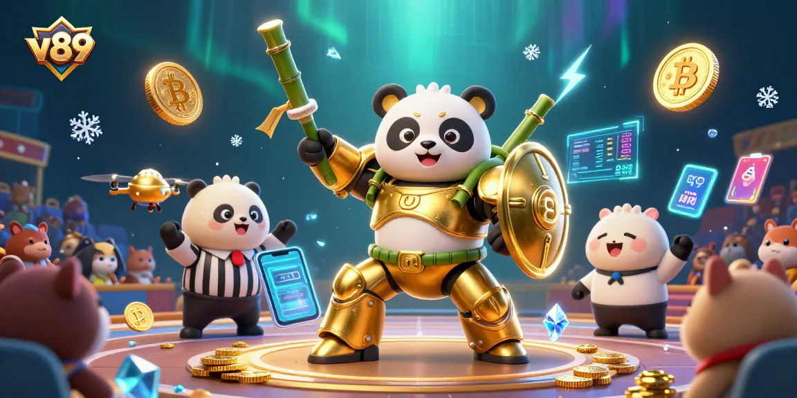 Bermain di v89 dengan panda emas bertarung di arena sambil dikelilingi simbol-simbol kasino.