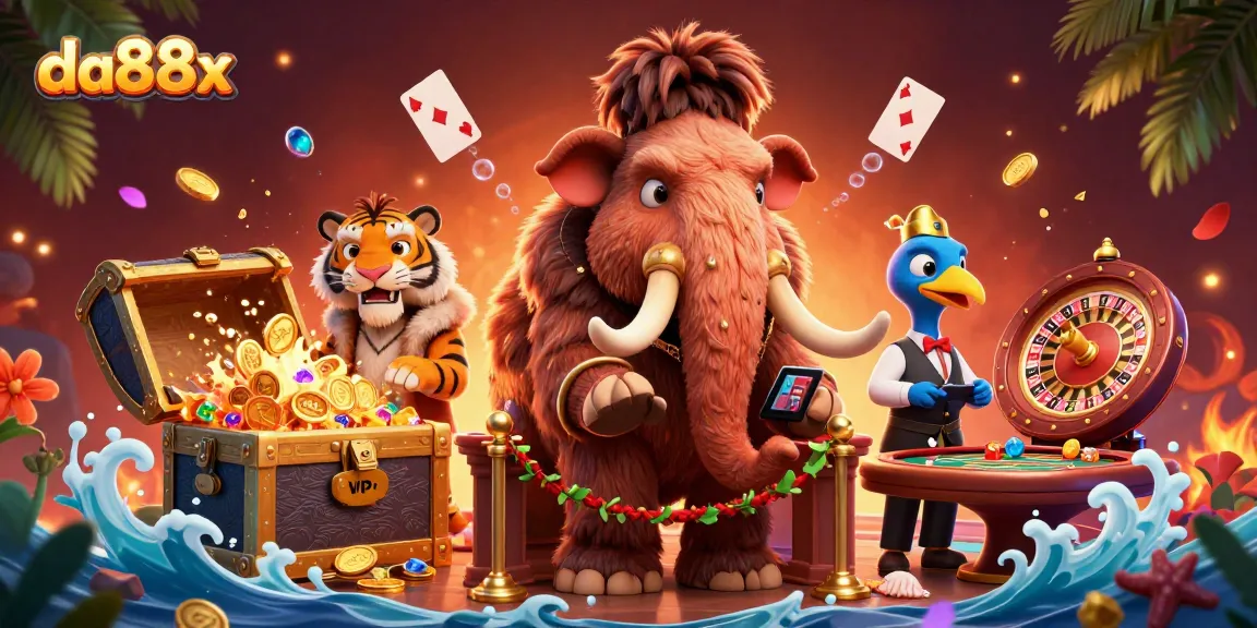 Play at da88x with a woolly mammoth bouncer and saber-tooth tiger VIP guest in a vibrant casino scene.