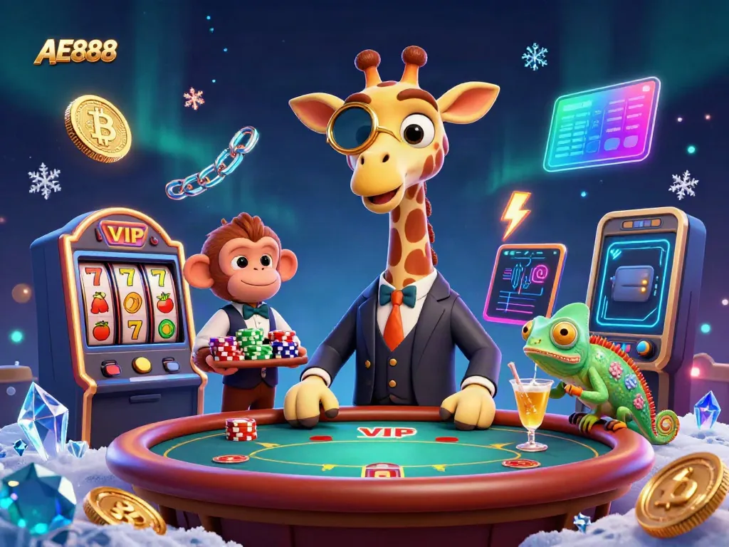 Join the action with AE888, featuring a high-roller giraffe at a lively VIP poker table.