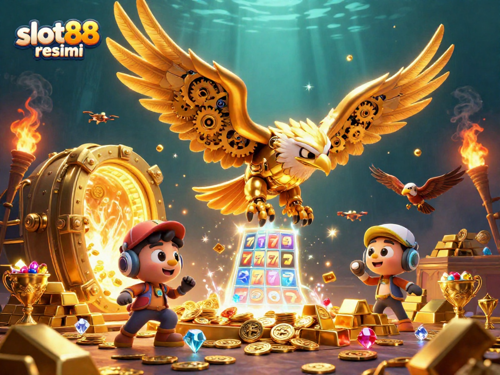 Experience the thrill of slot88 resmi with gold treasures and engaging gameplay in this vibrant illustration.