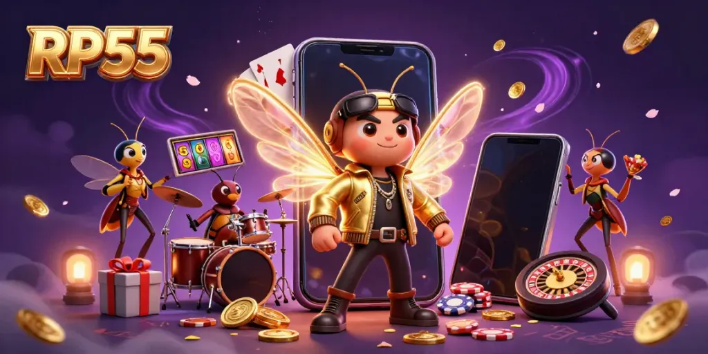 Experience thrilling gameplay with RP55 in this vibrant, casino-themed 3D scene featuring slot games and dynamic characters.