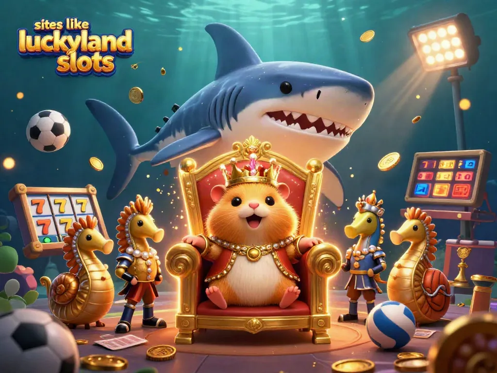 Experience sites like luckyland slots with a thrilling illustration featuring a gold hamster king and dynamic game elements.