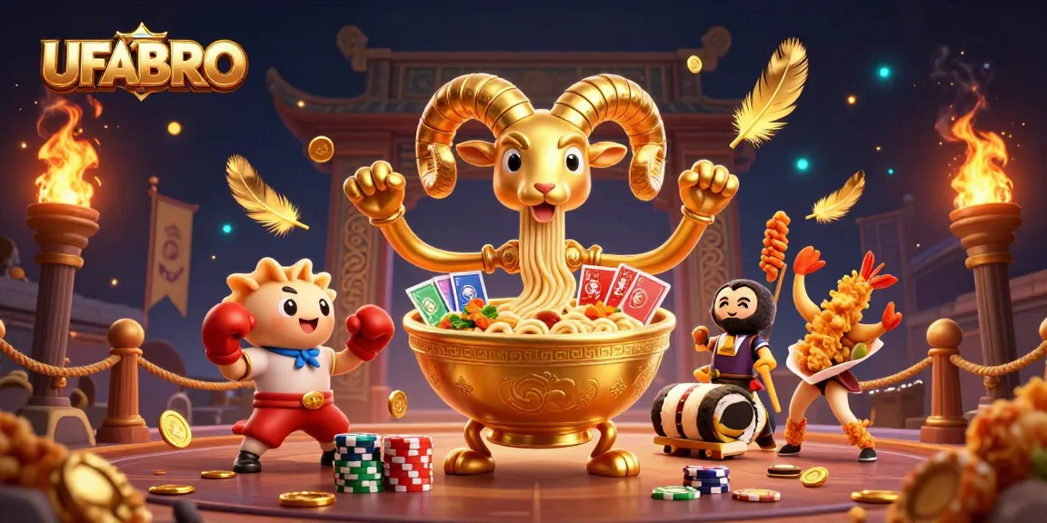 Engage in thrilling gameplay with UFABRO's vibrant casino scene featuring a golden ramen bowl dealer.