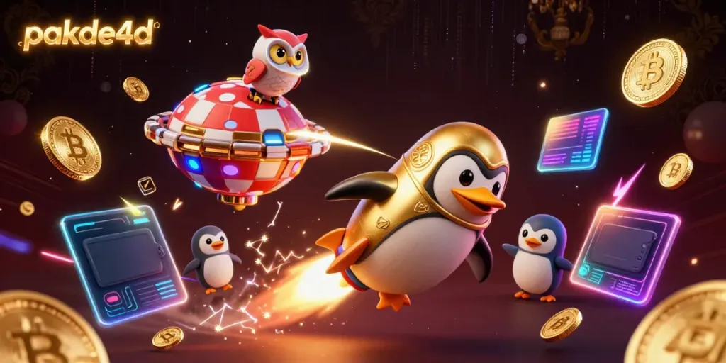 pakde4d showcases an animated golden penguin and a poker chip casino in vibrant 3D space.