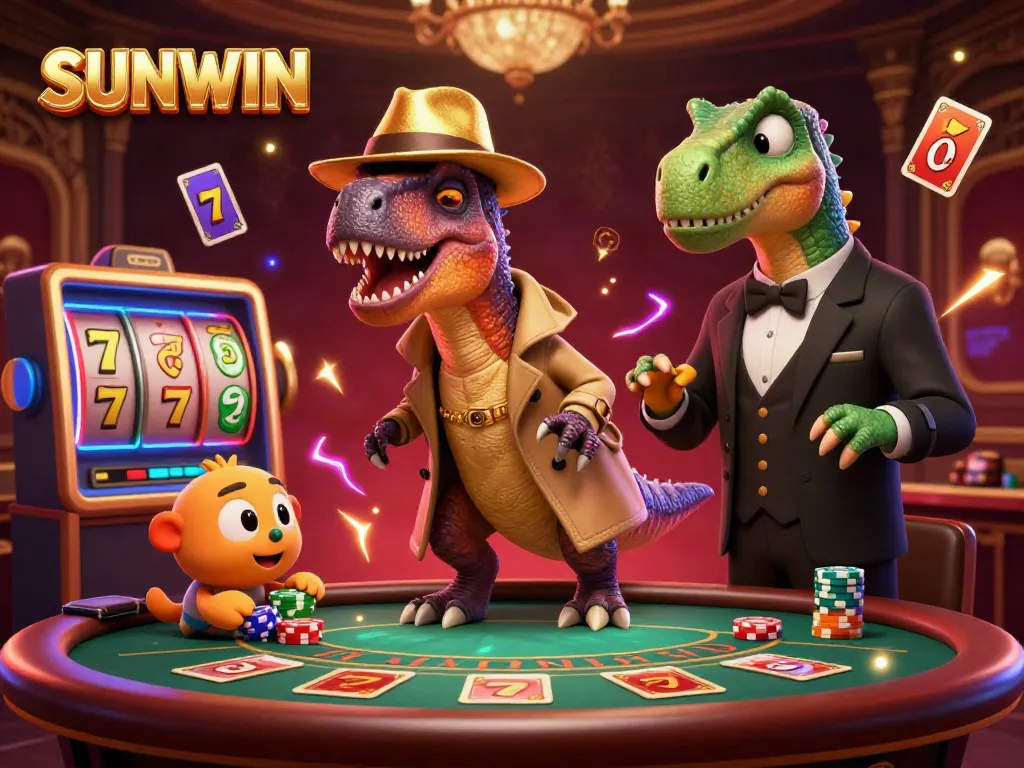 Engage with SUNWIN's thrilling blackjack scene featuring a clever velociraptor card counter, a vigilant stegosaurus pit boss, and a sneaky compy pickpocket in a lively casino.