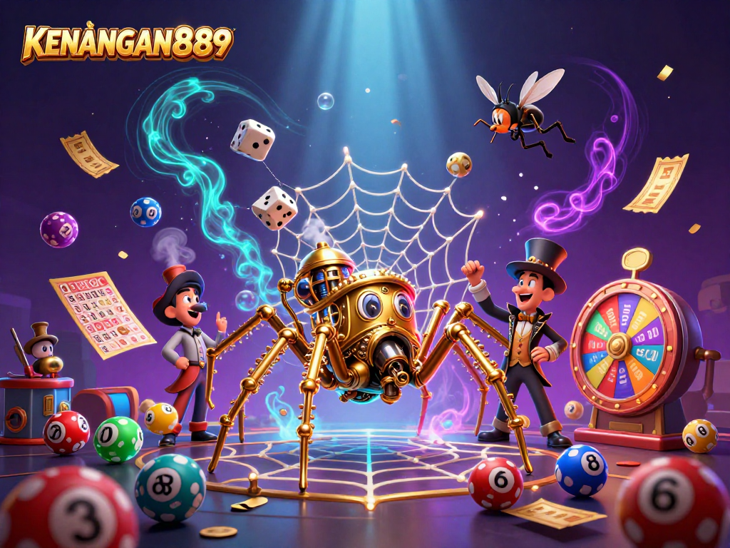 Engage with KENANGAN889's lively illustration featuring steampunk spider and vibrant casino games.