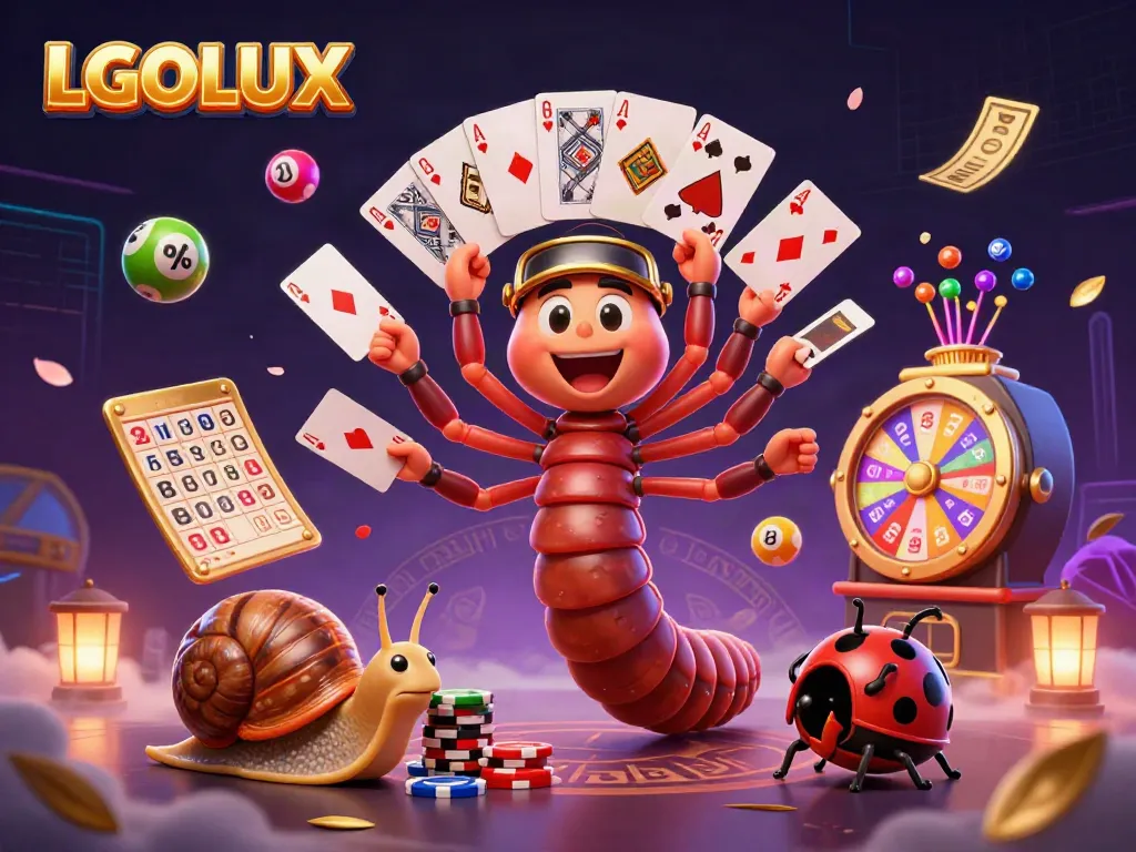 Experience excitement with LGOLUX as a millipede dealer fans cards and a snail pushes chips in a vibrant casino.