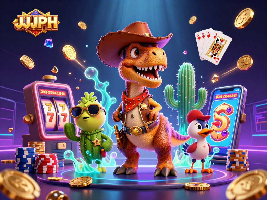 Magandang representasyon ng JJJPH na may masiglang mga karakter sa casino at mga nagliliparang simbolo ng suwerte.