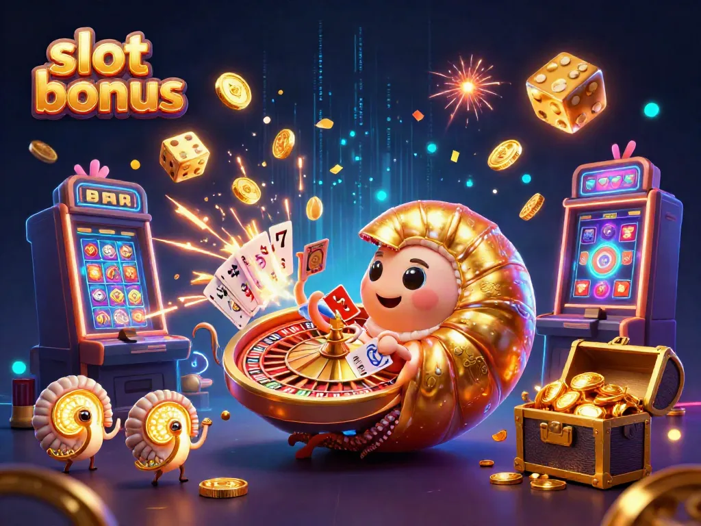 Experience slot bonus excitement with a vibrant 3D casino scene featuring a giant nautilus and jackpot elements.