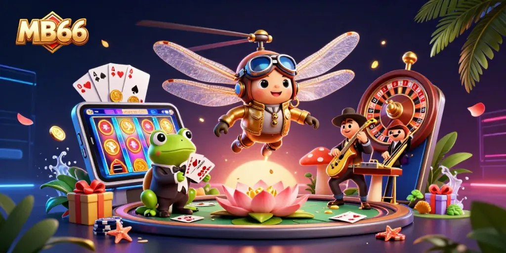 Engage with MB66's vibrant casino atmosphere featuring a dragonfly pilot and frog dealer.