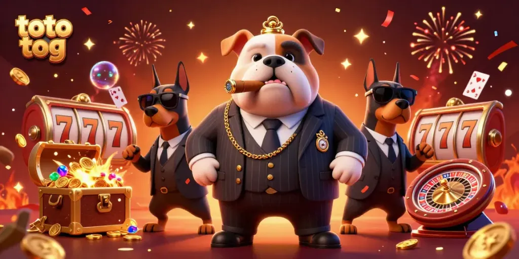 Experience the thrill of toto tog with a mafia-themed urban casino scene featuring charismatic characters and vibrant slot elements.