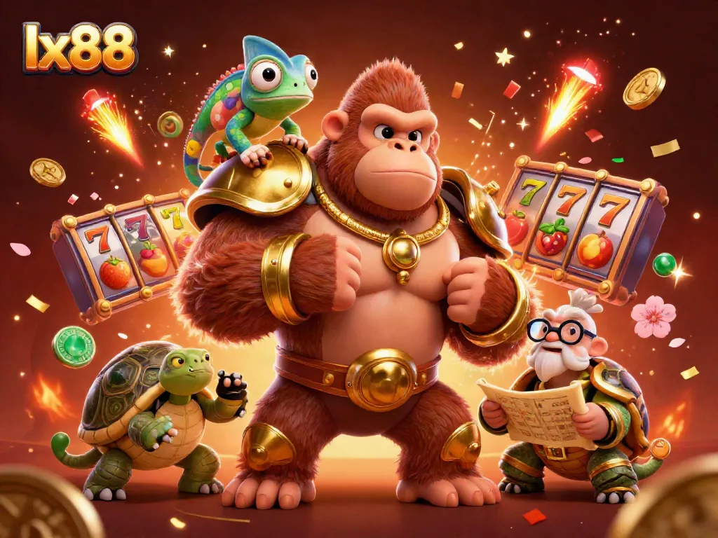 Experience thrilling moments at lx88 with a powerful gorilla king and colorful casino elements.
