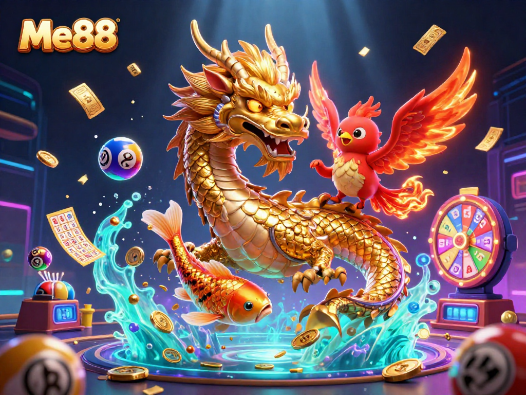 Engage with Me88 through a vibrant 3D illustration featuring a golden dragon, phoenix, and koi fish.