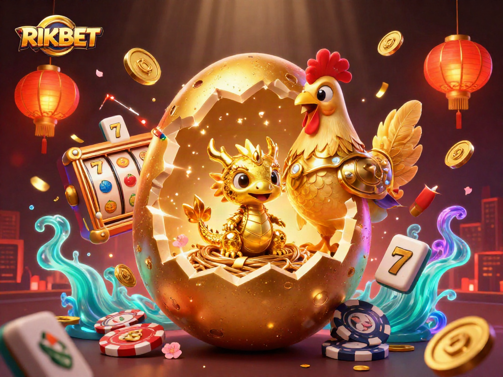 RIKBET showcases a colossal golden egg opening with a baby dragon and poker chips, emphasizing casino gaming.