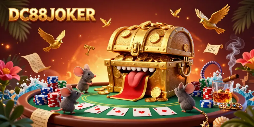Engage with DC88JOKER's thrilling scene featuring treasure chests and poker elements in action.