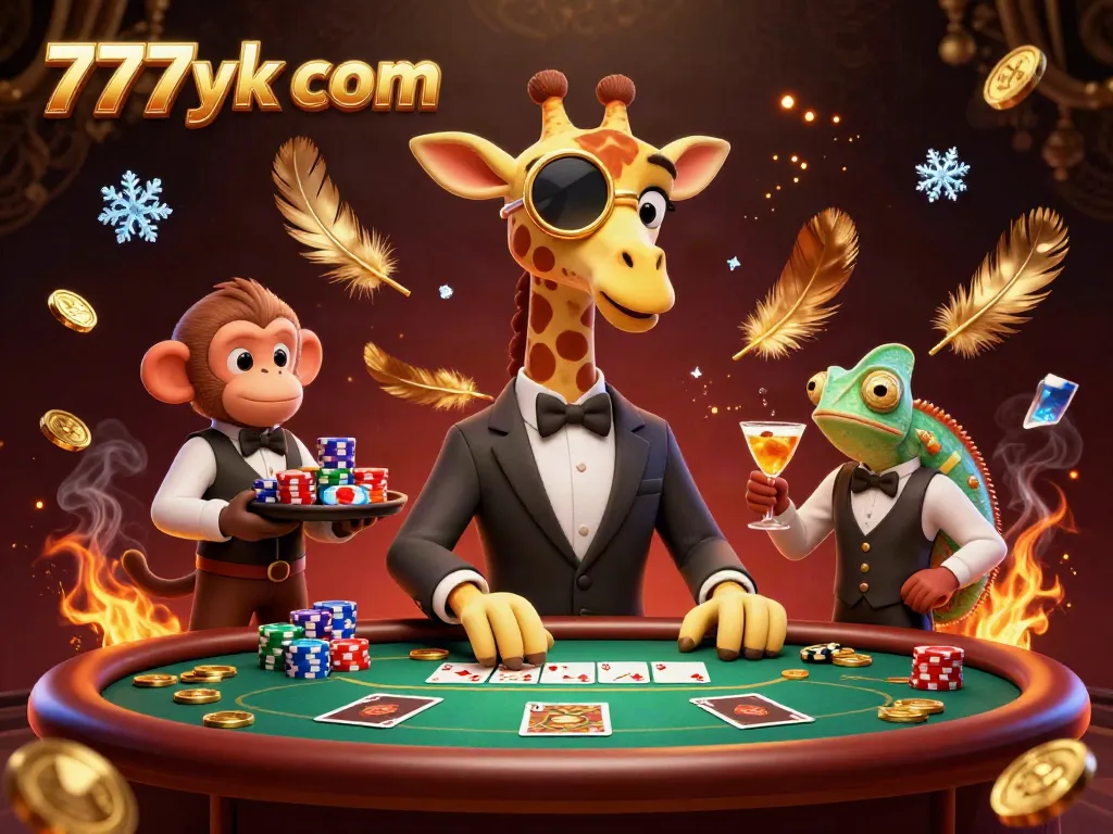 Engage with 777yk com at a dynamic casino scene featuring a high-roller giraffe and monkey valet.