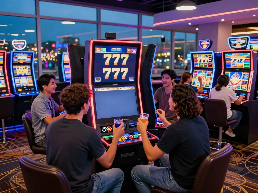 Exciting casino scene with friends enjoying Lucky777 slot machines amidst vibrant neon lights.