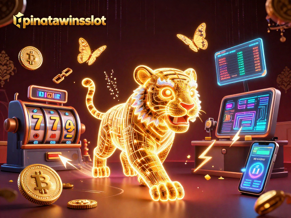 Engage with the vibrant pinatawinsslot landscape featuring a gleaming golden tiger and slot symbols.