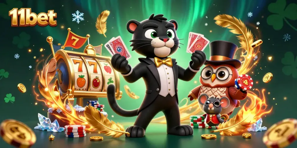 Experience thrilling games with 11bet featuring a panther dealer, owl, and lucky mouse surrounded by slot elements.
