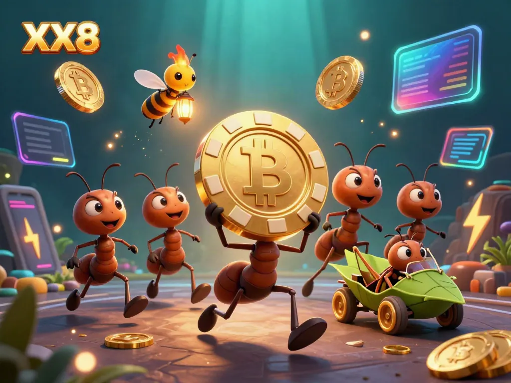 Engaging cartoon scene of ants stealing a giant poker chip with crypto elements, showcasing XX8's playful gaming world.