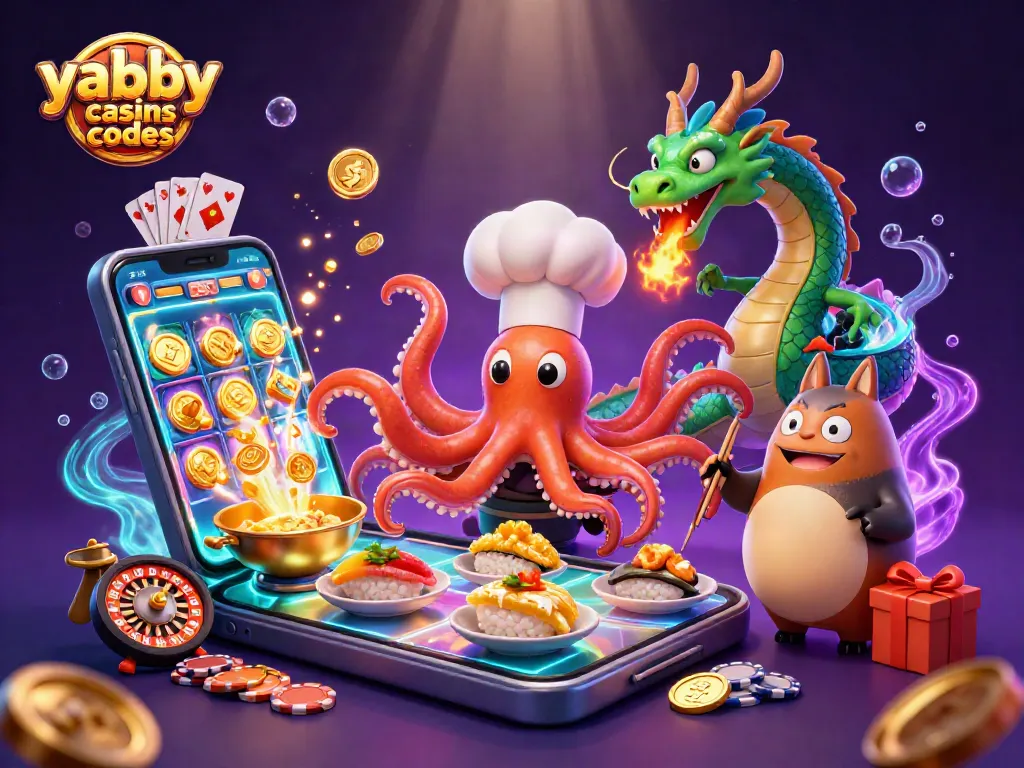 Play vibrant games with yabby casino bonus codes in a rich, animated casino scene featuring characters and gaming elements.