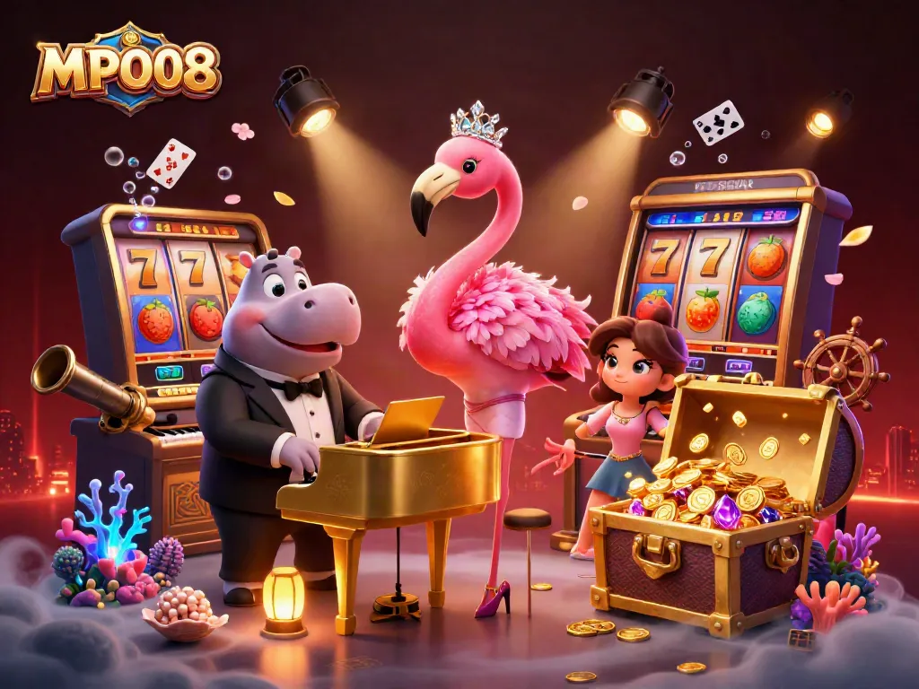 Engage with MPO08 and enjoy vibrant slot games in a whimsical casino scene.