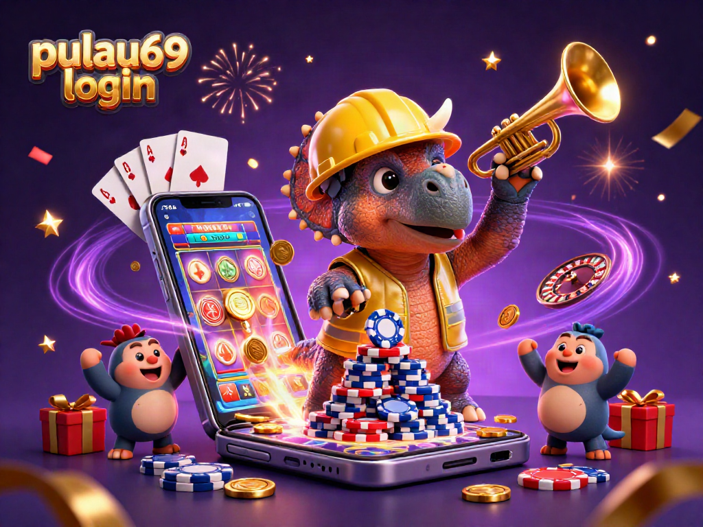 Exciting pulau69 login scene with triceratops and poker chips, celebrating wins