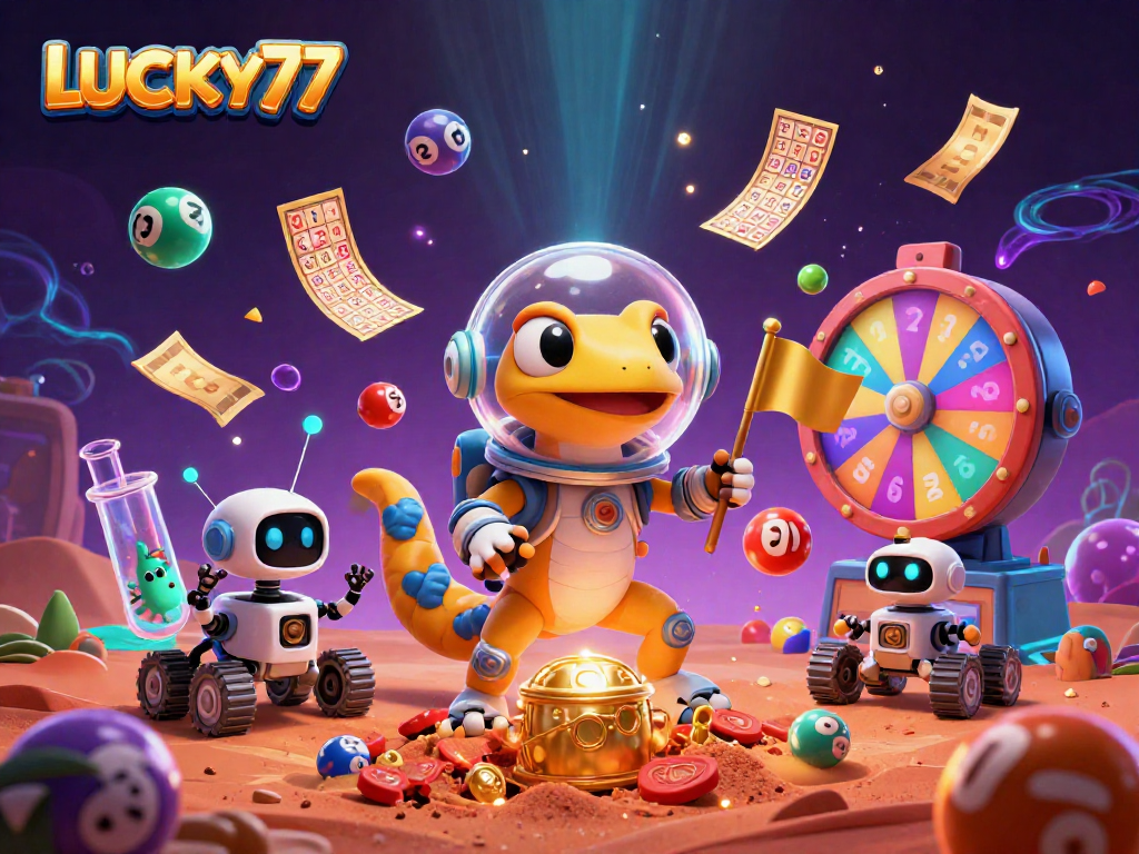 LUCKY77 Martian gecko finds a golden casino amidst lottery excitement on Mars.