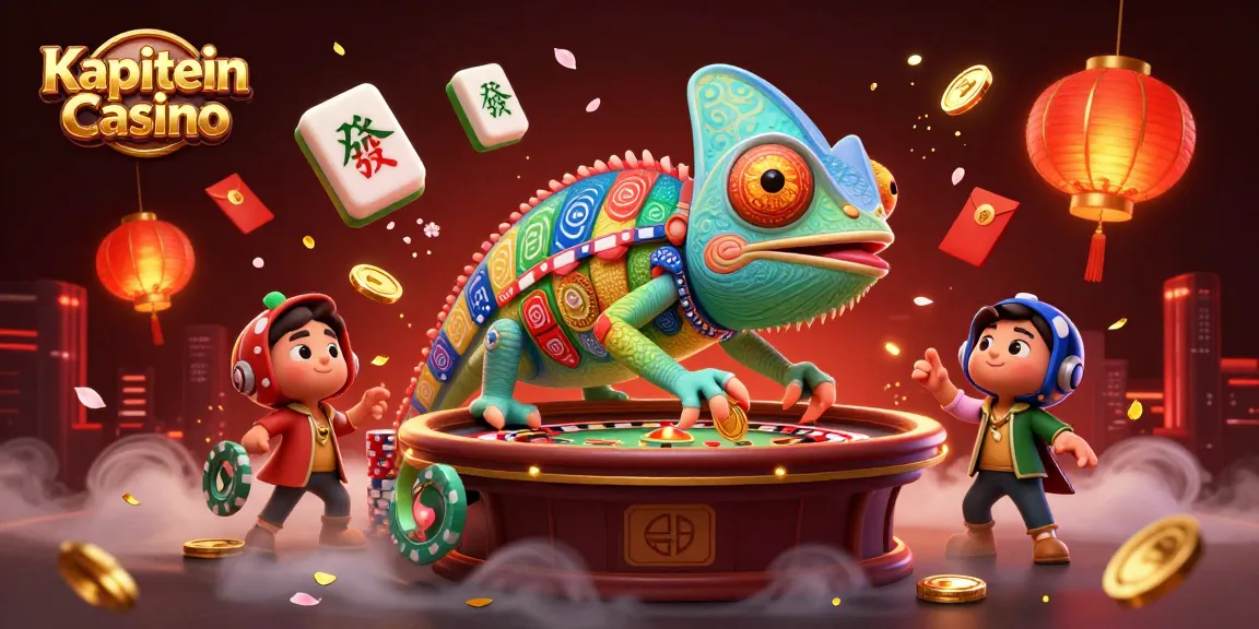 Menggambarkan keseruan Kapitein Casino dengan karakter kadal 3D yang menarik, dikelilingi oleh elemen permainan.