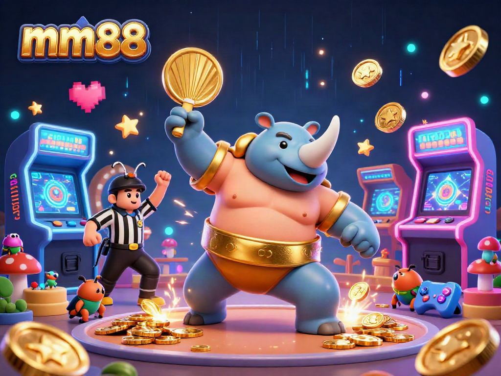 Witness mm88's thrilling arcade casino scene with a beetle champion and vibrant game elements.