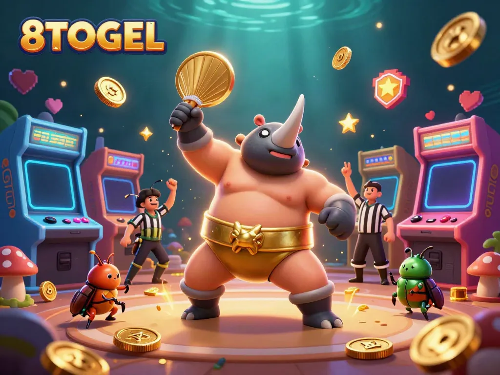 8TOGEL menghadirkan ilustrasi kasino yang menampilkan juara sumo kumbang badak dan elemen permainan yang kaya.
