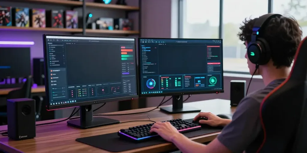 Engaged player working with singatoto gaming setup, dual-monitor display with analytics.