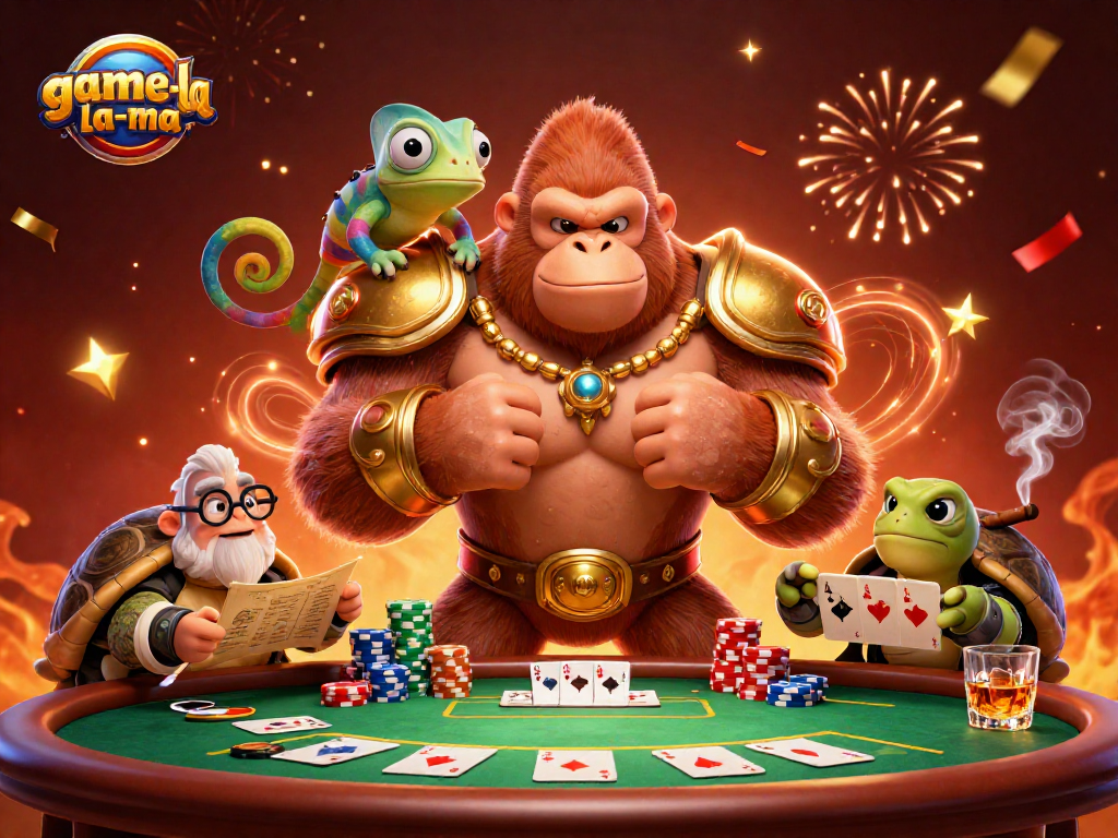 Join the game-la-ma experience with a vibrant casino scene featuring a golden gorilla, a chameleon, and a wise tortoise.