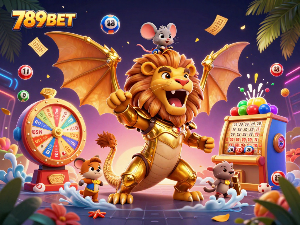 Experience excitement with 789BET in this vibrant illustration showcasing lottery elements and a dynamic chimera.