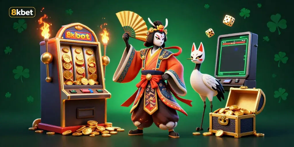 Experience the excitement of 8kbet with energetic characters and vibrant casino elements in this stunning 3D illustration.