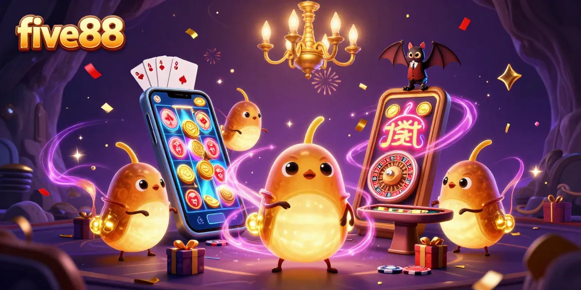Experience the excitement of five88 with vibrant glowworms lighting a casino scene full of games and rewards.