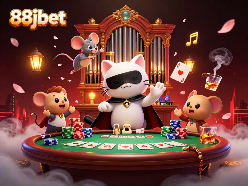 88jbet showcases an extravagant 3D casino scene featuring a whimsical cat at a grand organ.