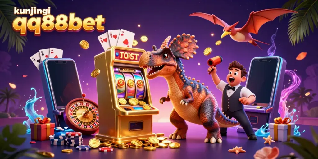 Kunjungi qq88bet to experience a fun 3D casino scene with cartoon dinosaurs and slot machines