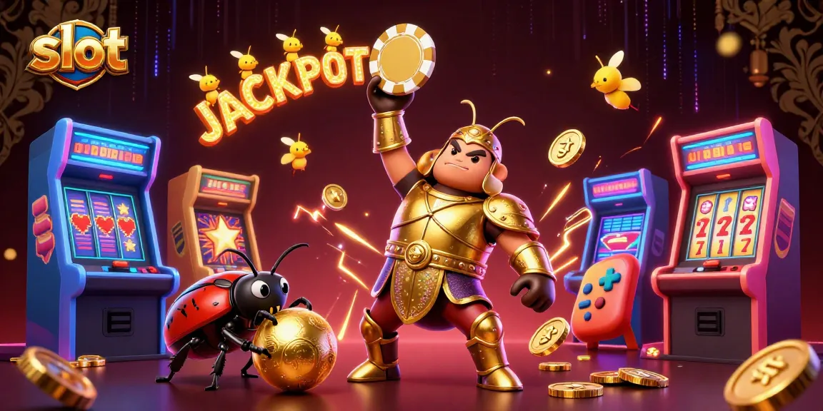 Engage in exciting slot gameplay with our golden armored beetle champion lifting a poker chip.