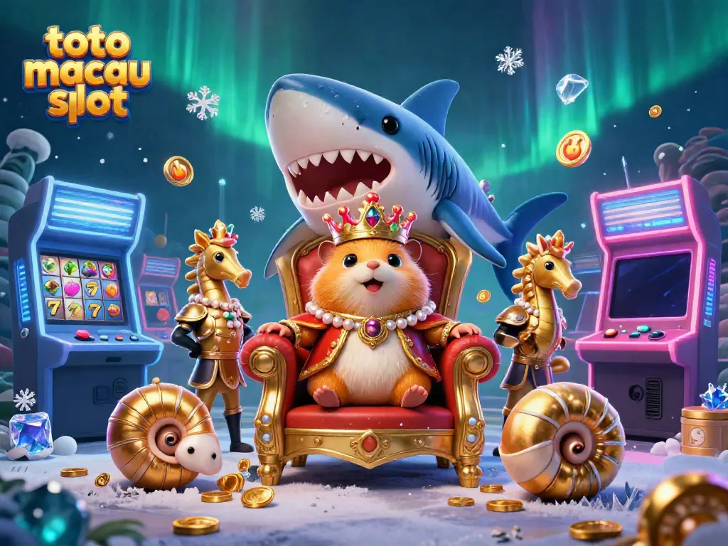 Menikmati permainan toto macau slot dengan raja hamster dan penjaga kuda laut di latar belakang kasino cerah.