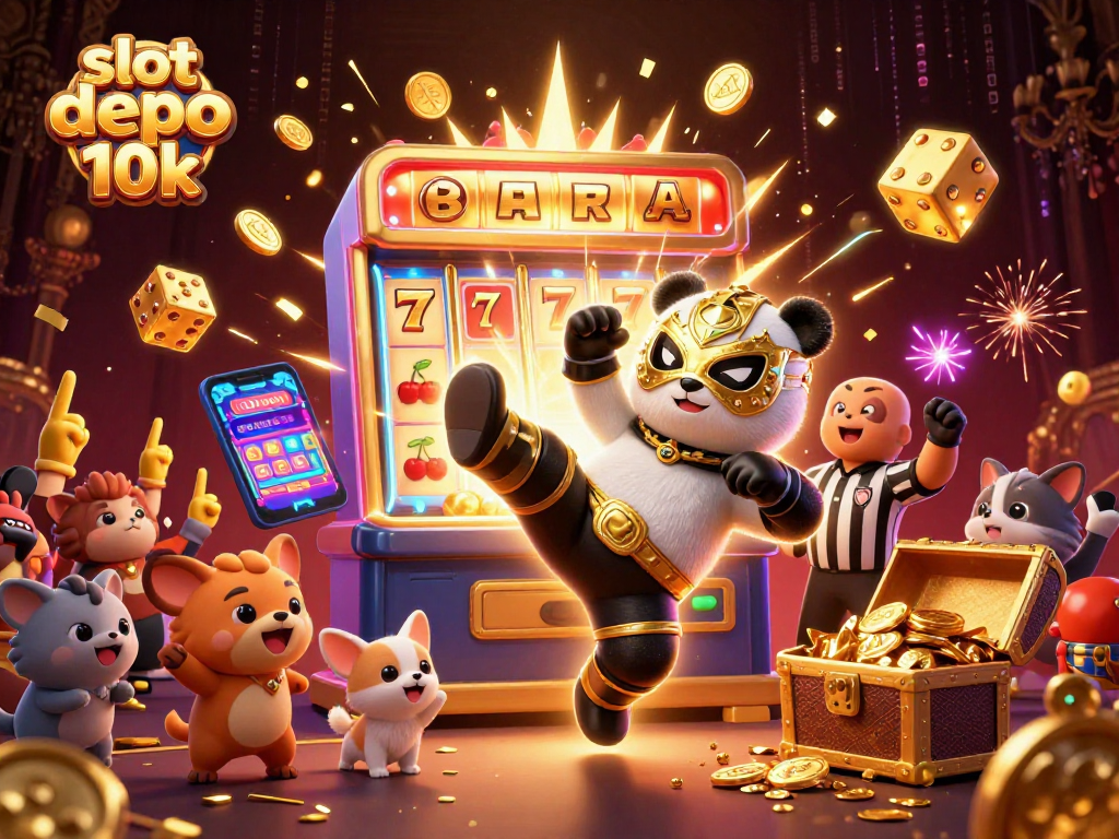 Experience thrilling slot games with slot depo 10k featuring a panda wrestler in an electrifying casino scene.