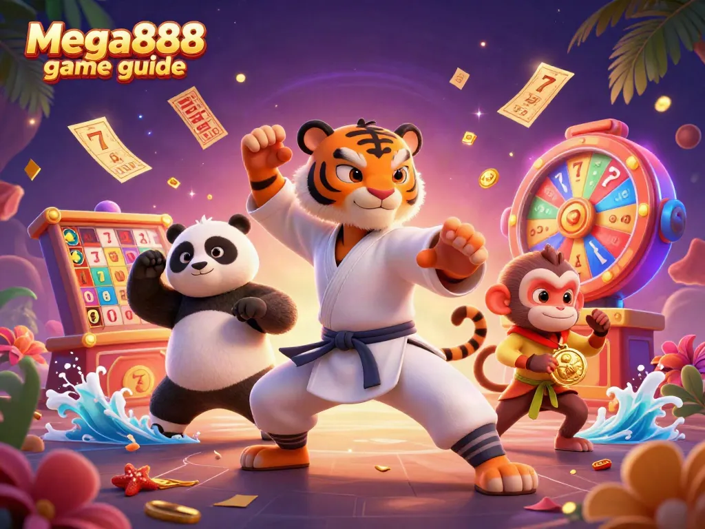 Engaging Mega888 game guide illustration featuring a martial arts theme, slot reels, and golden tickets.