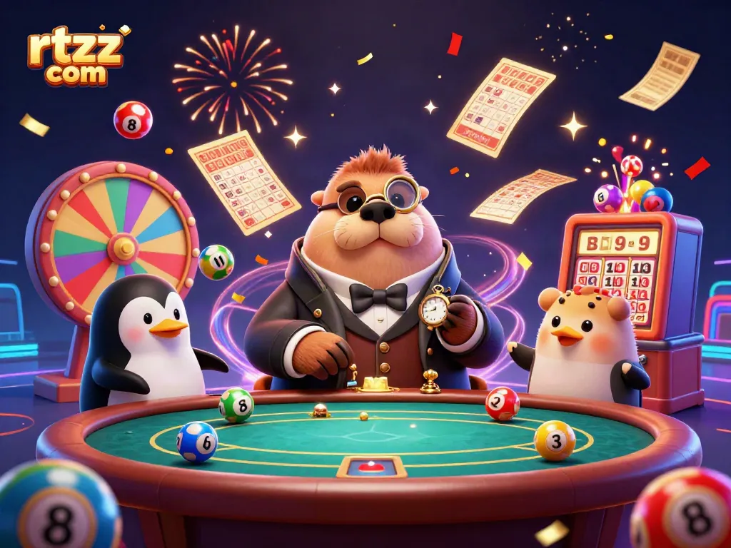 Experience gaming excitement with RTZZ com as a jolly walrus plays poker underwater, surrounded by lottery balls.